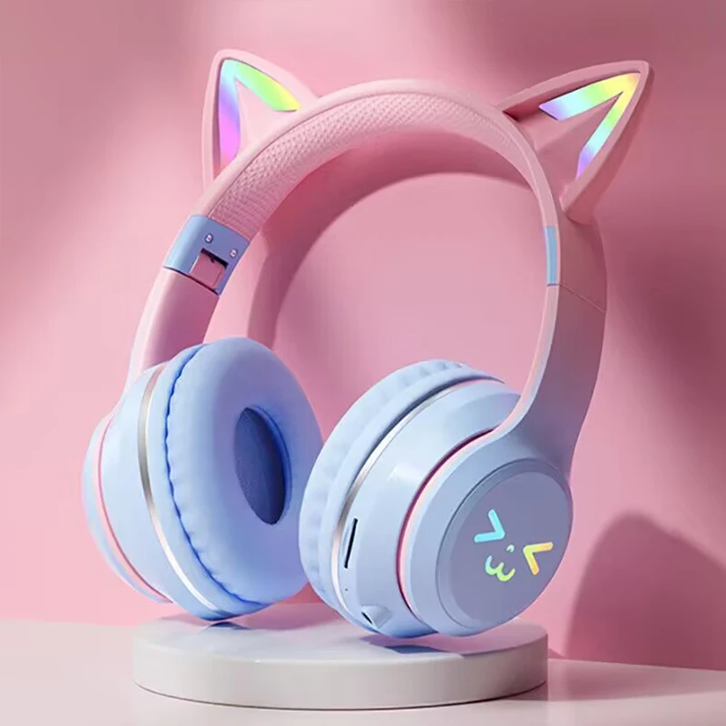 Cat's Ears Headset RGB Light Smile Face TWS Headset Gradient New Headphone Pink Little Girl Earphone Gift Suitable for All Phone