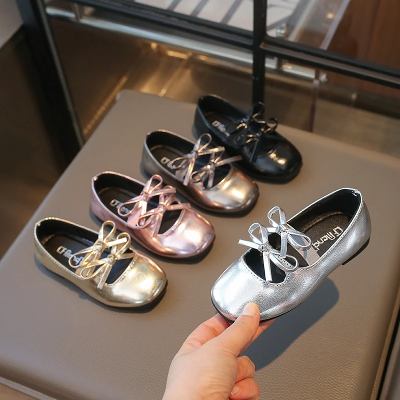 

Children Kids Square Dance Casual Shoes Black Solid Color Girls Princess Shoes Double Bow Girls Leather Shoes Party Flats Soft