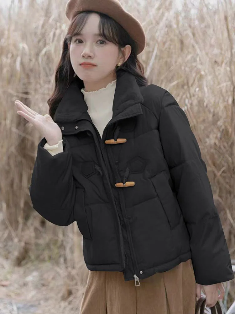 Y2K Fashion Horn Button Parkas Women Winter New Streetwear Stand Collar Cotton Jacket Korean Loose Thick Short Coat Female