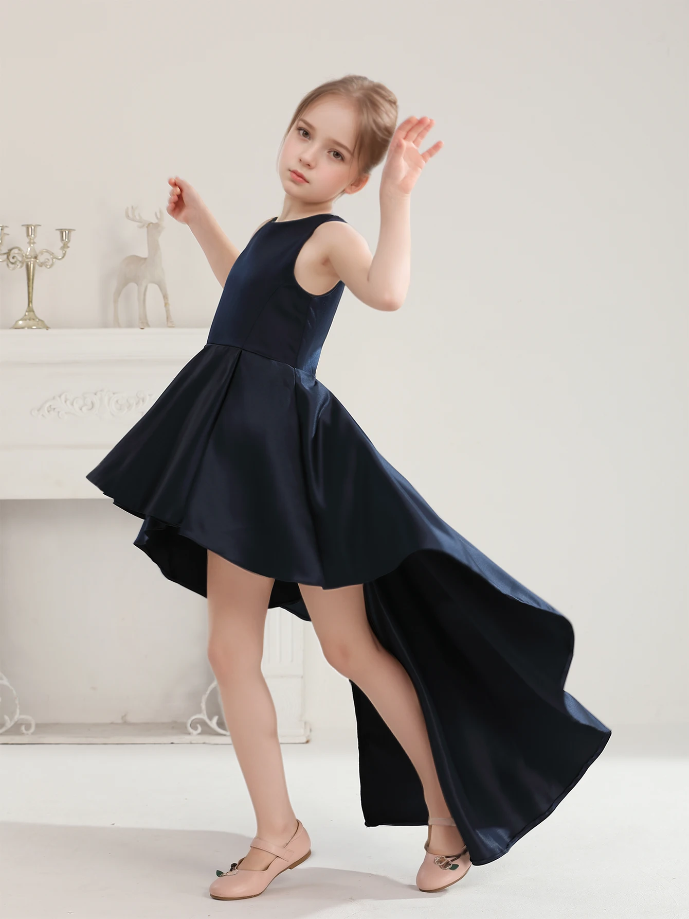 Teen Girls Tuxedo Dress Wedding Party Royal blue Short Front Long Back Bridesmaid Dress