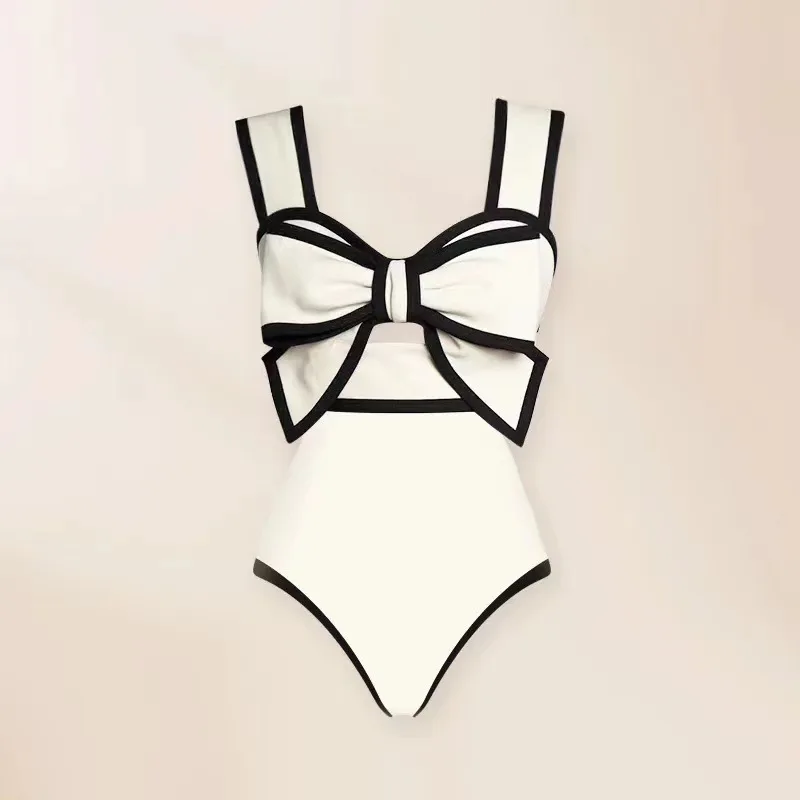 2024 Black White Retro One Piece Swimsuit Women Bow Tie Swimwear with Skirt Sexy Bathing Suit Monokini Beach Bodysuit Beach Wear