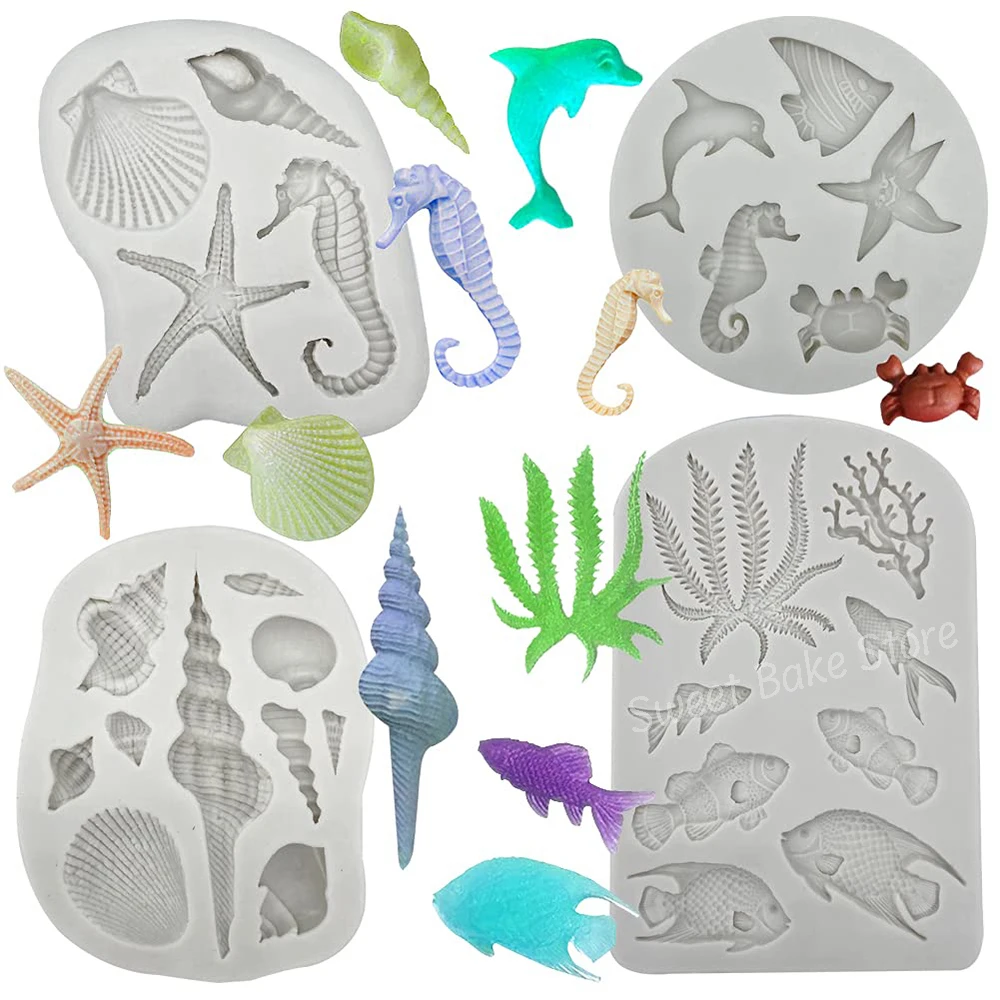 

4PCS/Set Marine Theme Fondant Silicone Molds, Seaweed Sea Fish Crab Coral Conch Sea Shells Shape Mould, DIY Handmade Baking Tool