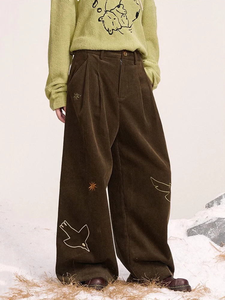 REDDACHiC Dove of Peace Embroidery Brown Pants Corduroy Pleated Front Casual Wide Leg High Waist Trousers Vintage Women Clothes