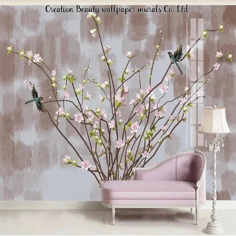 手描きのピンクの花鳥壁画花柄壁紙リビングルームテレビソファ背景家の装飾壁紙パペルデパレデ