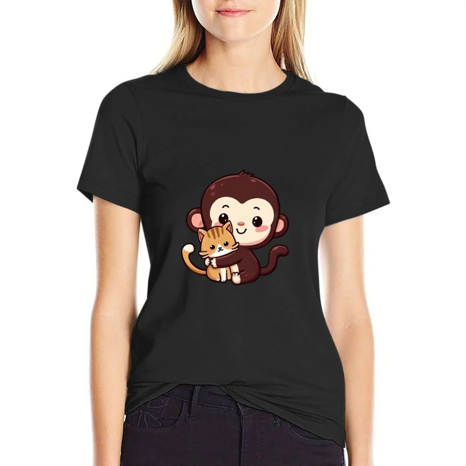 

Monkey hugging a cat T-shirt animal print shirt for girls summer top summer tops fashion woman blouse 2024