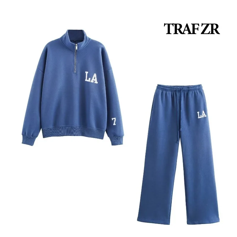 TRAF ZR Knit Set Woman Two Pieces Casual Elegant Print Sweatshirt Sets Basics Preppy Style Blue Pants Sets Y2k Outfit Set
