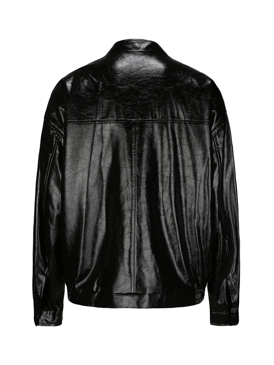 Jaqueta Feminina de Couro Solta com Bordado Floral IAMCPLUS 2025AW, Moda Outono, Manga Curta, Fechamento com Zíper