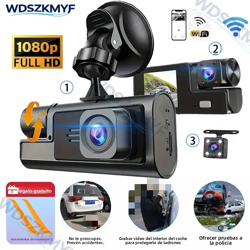 Cámara de Coche WiFi con Grabación de Video HD 1080P, 2/3 Canales, DVR, Cámara Frontal Integrada y Trasera con Visión Nocturna IR, Accesorios para Auto