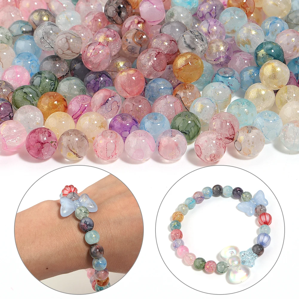 50 Stück/Lot 8mm Rissglas-Blumenperlen, farbige glänzende lose runde Zwischenperlen für DIY-Modearmbänder, Ohrringe, Anhänger, Großhandel – Detail 2