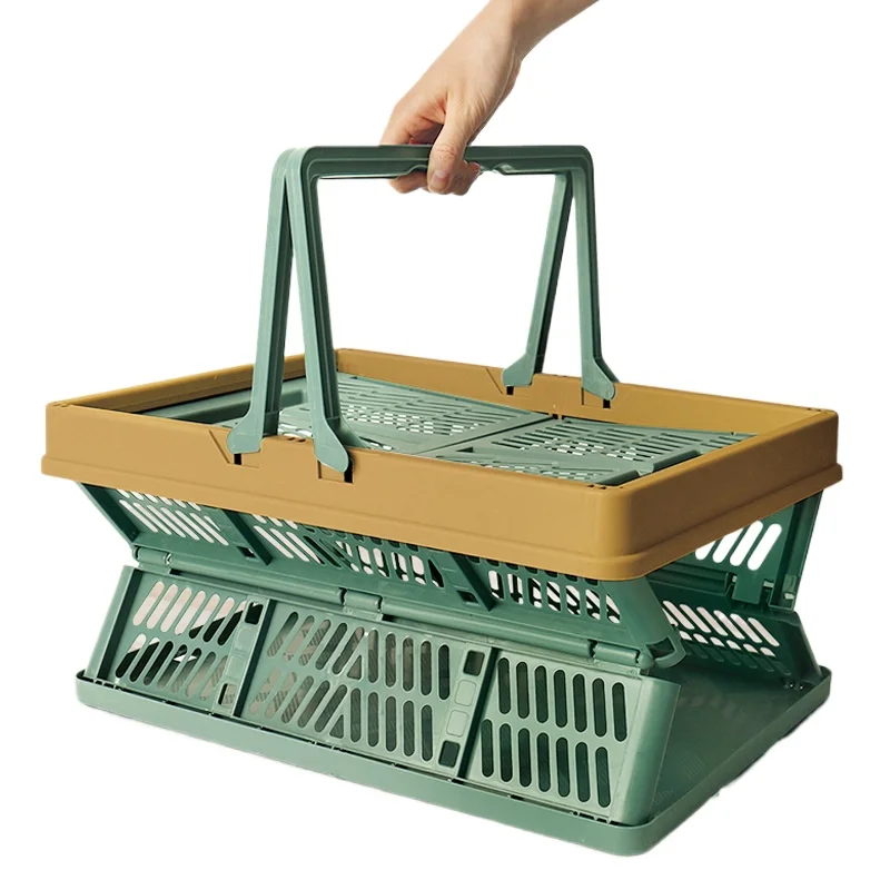 Collapsible Shopping Basket Large Portable Handheld Ins Style Foldable Picnic Basket for Outdoor Travel Grocery