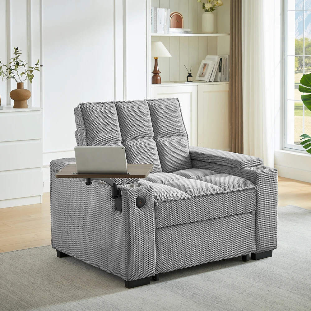 Khaki Single Sofa Bed with Wooden Frame, High-density Resilient Foam, Six-position Adjustable Backrest, USB Port, Cup Holder, and Swivel Side Table.