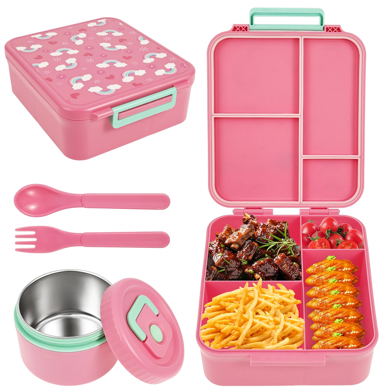 

Коробка для еды большой емкости для детей и взрослых, 1700 мл, с четырьмя отделениями, герметичным дизайном и ложкой для супа, вилкой