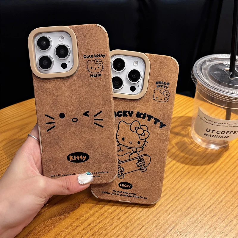 

Luxury Retro Cute Hello Kitty Cartoon Suede Leather Magsafe Wireless Charge Case For iPhone 13 14 15 16 Pro Max Anti-fur Shell