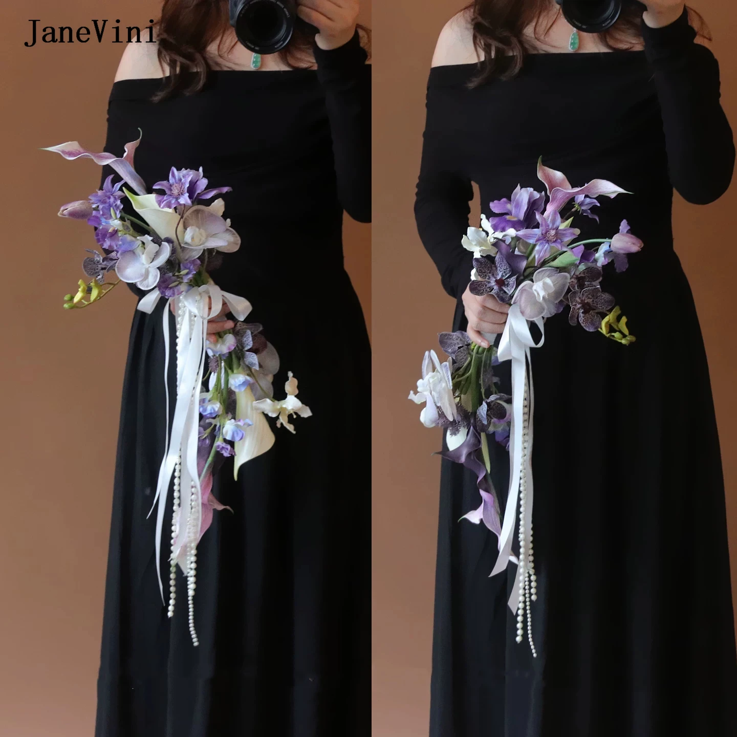 

JaneVini Purple Bridal Bouquets Flowers Silk Orchid Calla Lily Handmade Bride Bouquet with Pearl Ribbon Wedding Accessories 2026