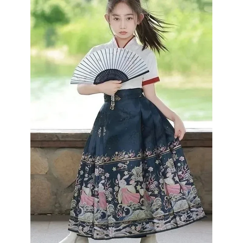 Chinese Traditional Costume Horse Face Skirt for Girls Summer Childrens Ancient Clothing Hanfu Suit National Style Daily Cosplay