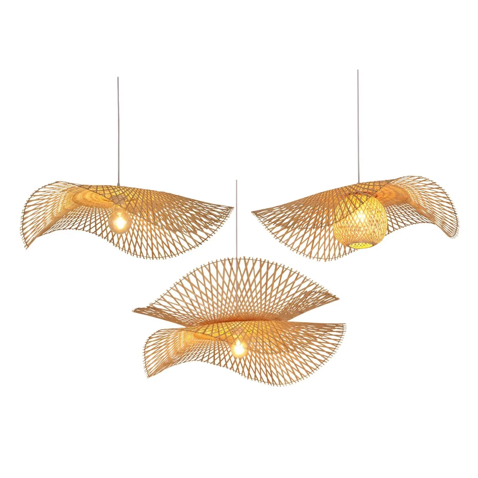 45/55cm Vintage Handwoven Bamboo Chandeliers Natural Rattan LED Hanging Pendant Lights for Restaurant Kitchen Bar Decor Lamp E27