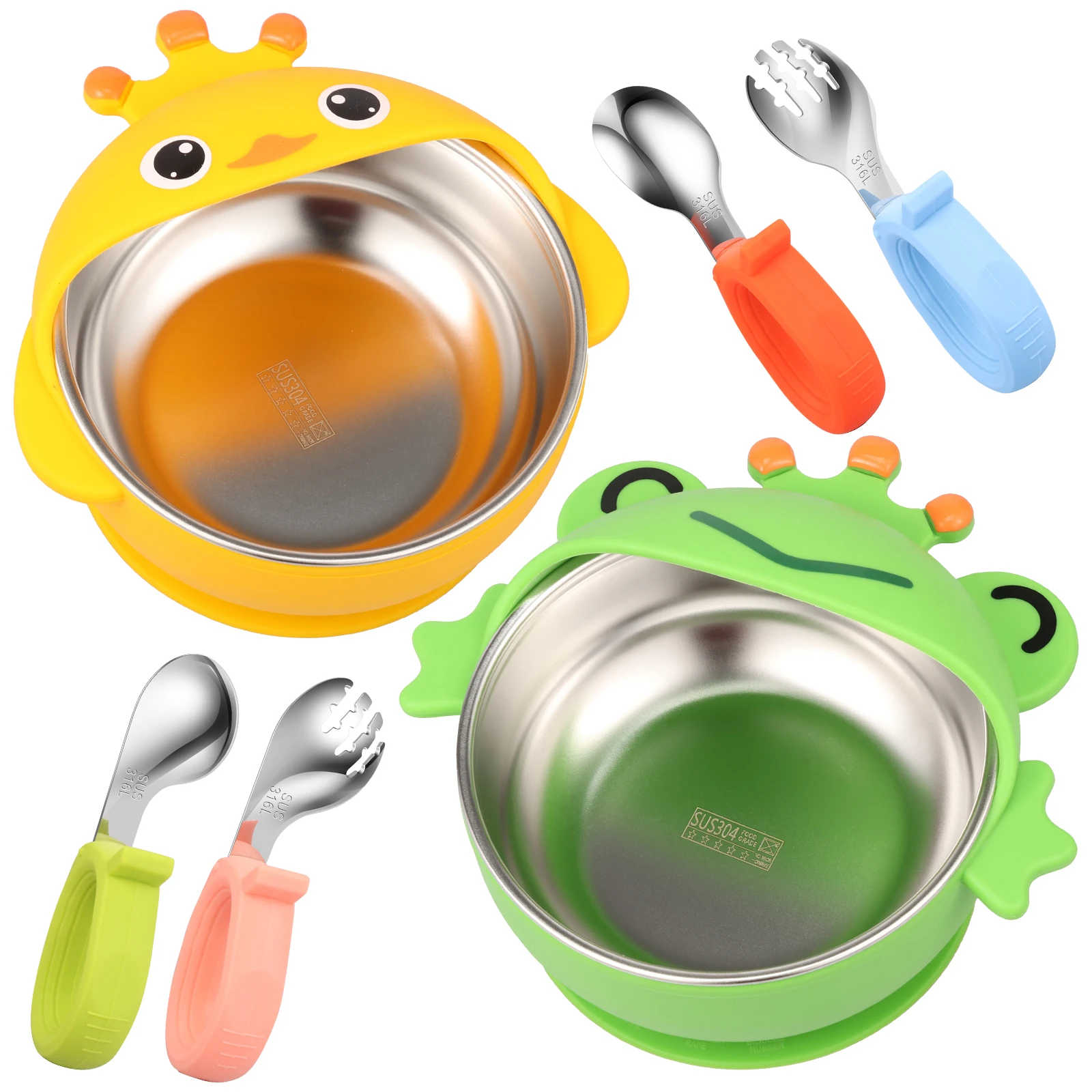 

Baby Feeding Bowls with Forks/Spoons Lovely Cartoon Animals Bowls Baby Complementary Foods Bowls with Silicone Sleeve/Suction