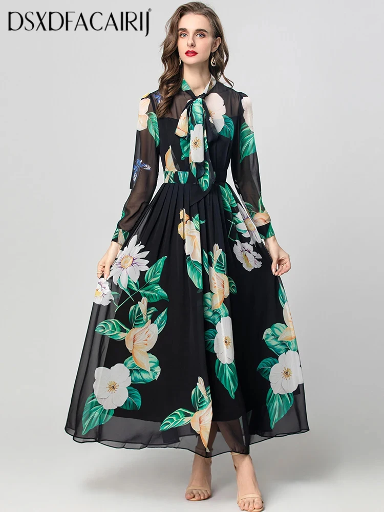 

DSXDFACAIRIJ Women's Bohemian Chiffon Long Dress Lace-Up Collar Lantern Sleeve Floral Print Fashion Spring Female