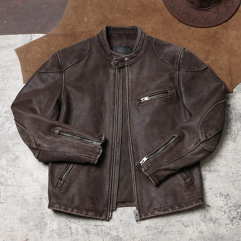 Vintage Venom Imitation Texture Genuine Leather Jacket, Dirty Distressed Stand Collar Biker Coat Matte Cowhide Genuine Outerwear
