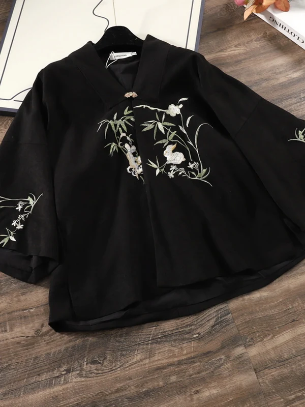 

Spring Autumn New Version Loose Embroidered irt Long Sve Stand Collar Regular Fit Top Commute Sle Artistic Faion