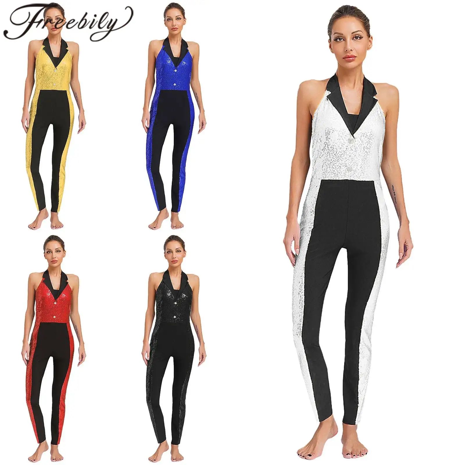 

Women Shiny Jumpsuit Sequin Latin Jazz Dance Costume Halter Full Body Leotard Acroba Trapeze Artist Performance Tuxedo Bodysuit