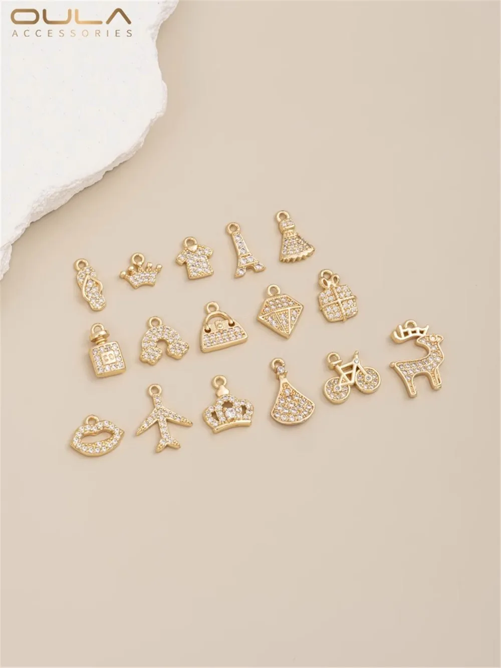 

14K Gold-Color Plated Micro-inset Zircon Girl Travel Series Small Hanging Bag Perfume Skirt Crown Diy Pendant