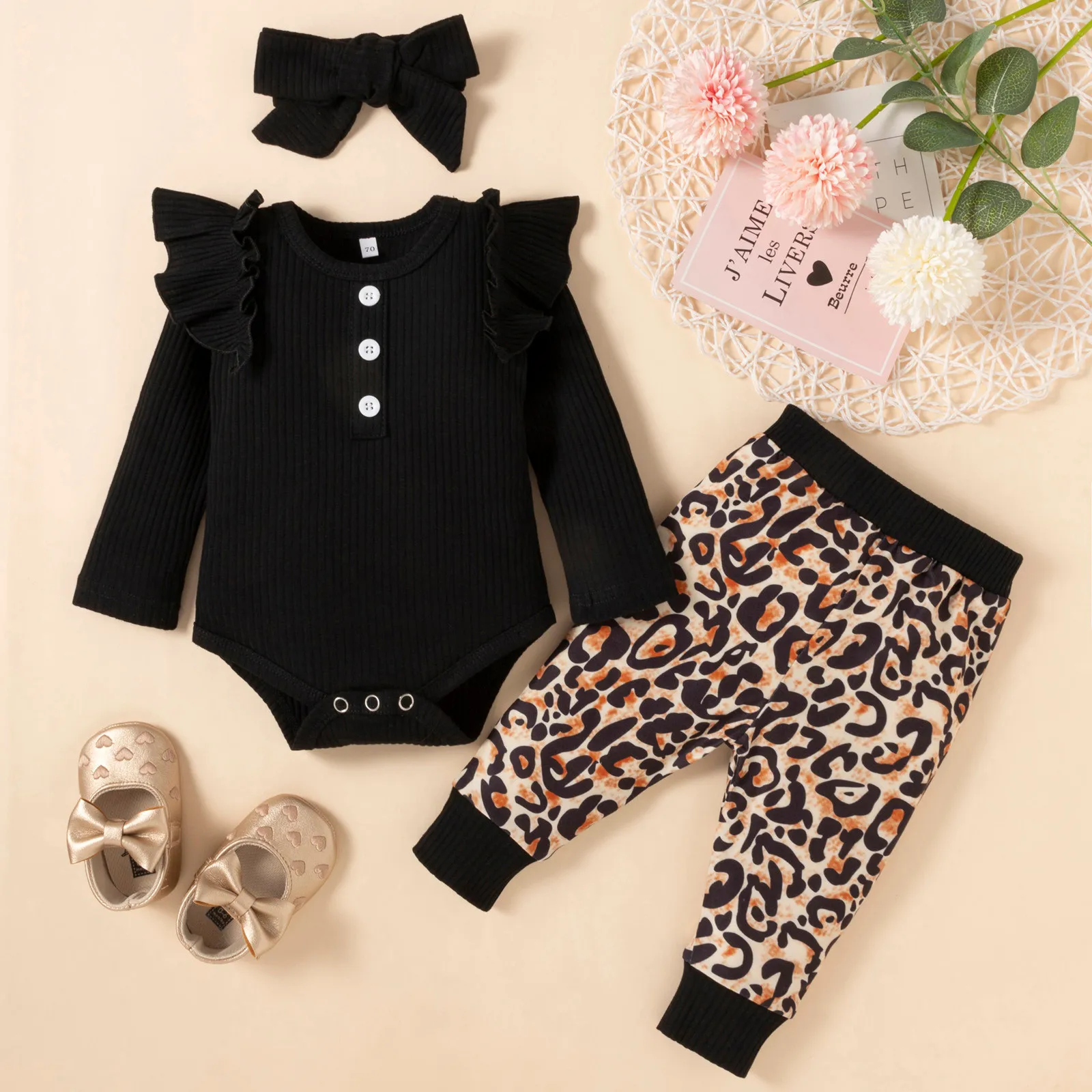 3 6 12 18 Months Baby Girls Autumn Clothes Ruffle Ribbed Leopard Romper +Pants +Headband Infant Outfit 3Pcs Girl Clothing Sets