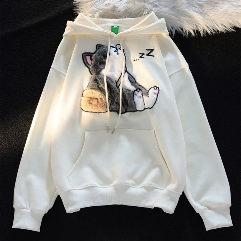 2024 Japanese Korean Retro Autumn Winter Embroidery Print Cat Pullover Cute Cartoon Hoodies Women Girl Couples Student Clothes