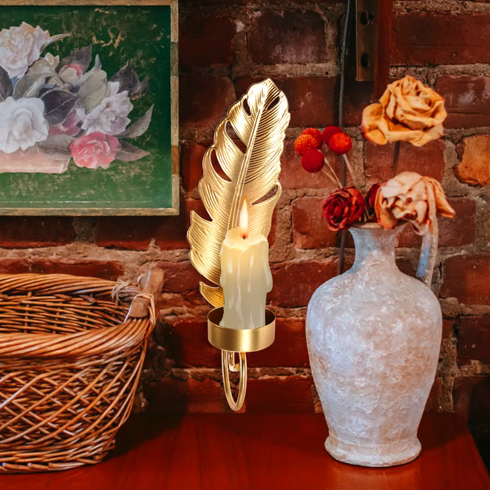 

Golden Leaves Wall Hanging Candlestick Holder Tealight Decor Home Rustic Metal Simple Creative Bedroom Living Room