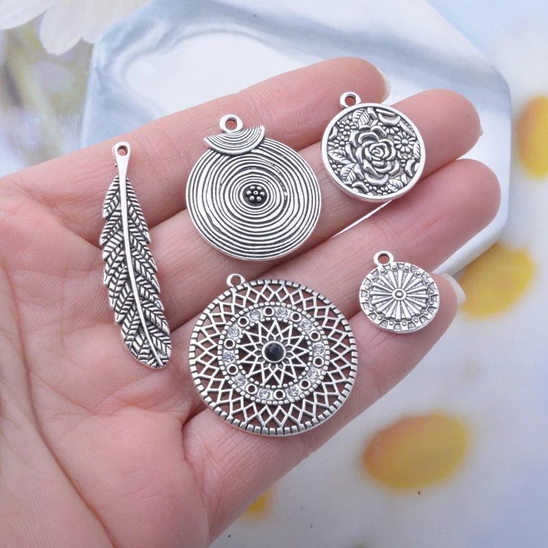 10pcs vintage style Antique Silver color Rose Flower feather  Round Charms Metal Rhineston Pendants DIY Making Earrings  Jewelry