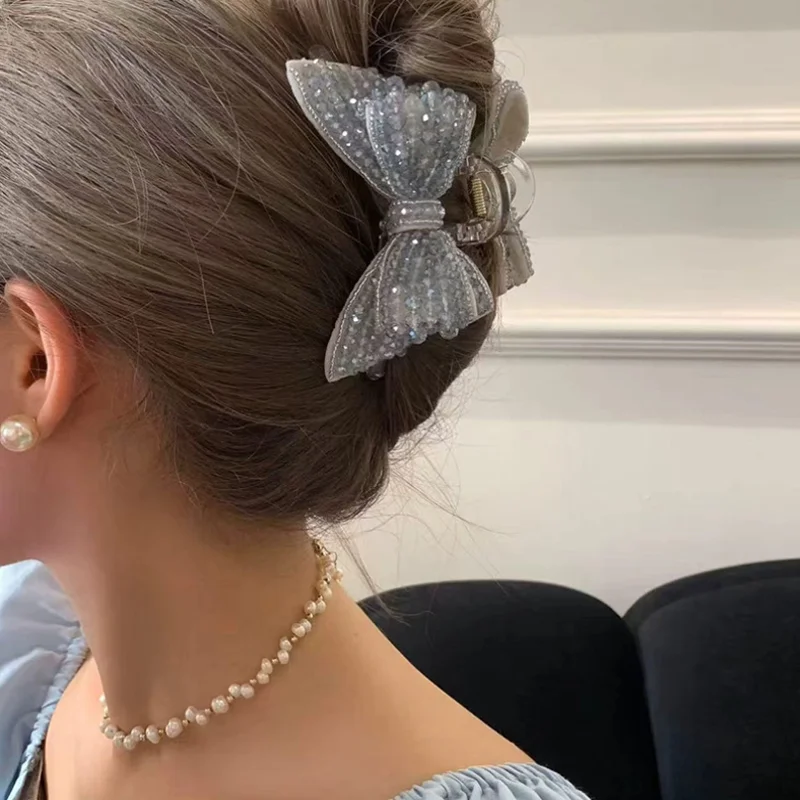 

New Crystal Bow Hair Clip for Women Back of Head Dished Hair Headband Cute Shark Clip Girls Grab Clip Hair Claws Accessories