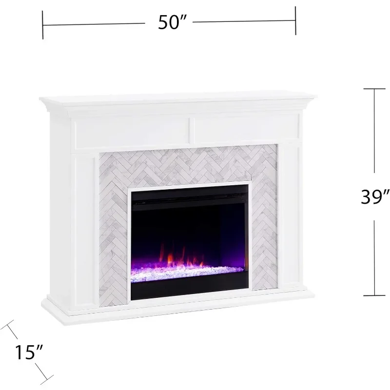 HAOYUNMA Indoor Electric Fireplace with Mantel, Color Changing LED Flame, White/Gray Marble