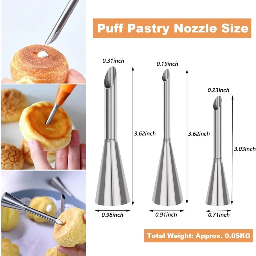

3-piece Set of Stainless Steel Puff Mouth Cake Puff Cream Syringe Milker Long Tip Design Baking Kitchen Tool Baking Set Nozzle