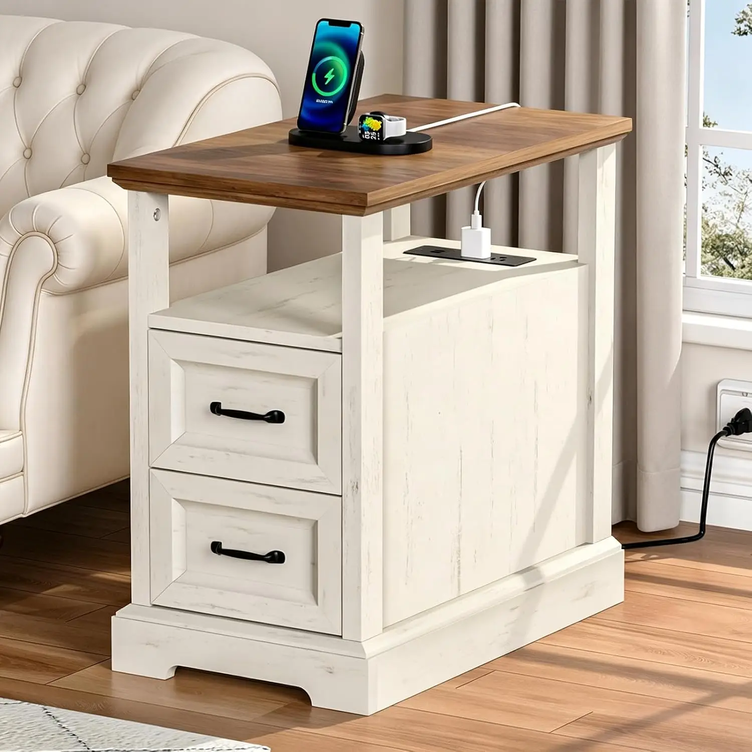 Narrow Farmhouse Side Table with Charging Station & Open Shelf White, Customized