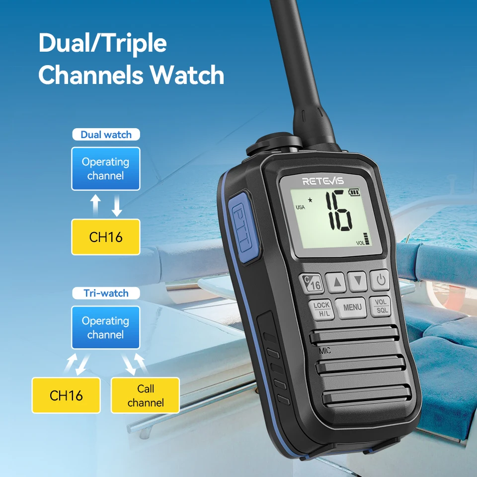 Retevis RM01P IP67 Walkie Talkie Tahan Air Baterai Tahan Lama Radio Laut Portabel Tipe-c Desain Mengambang untuk Berperahu Memancing
