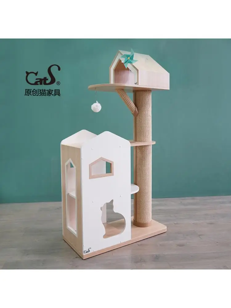 Wooden Cat Climbing Frame, Cat House, Sisal Bite Resistant Scratching Post, Big Castle, Color-blocking Furniture