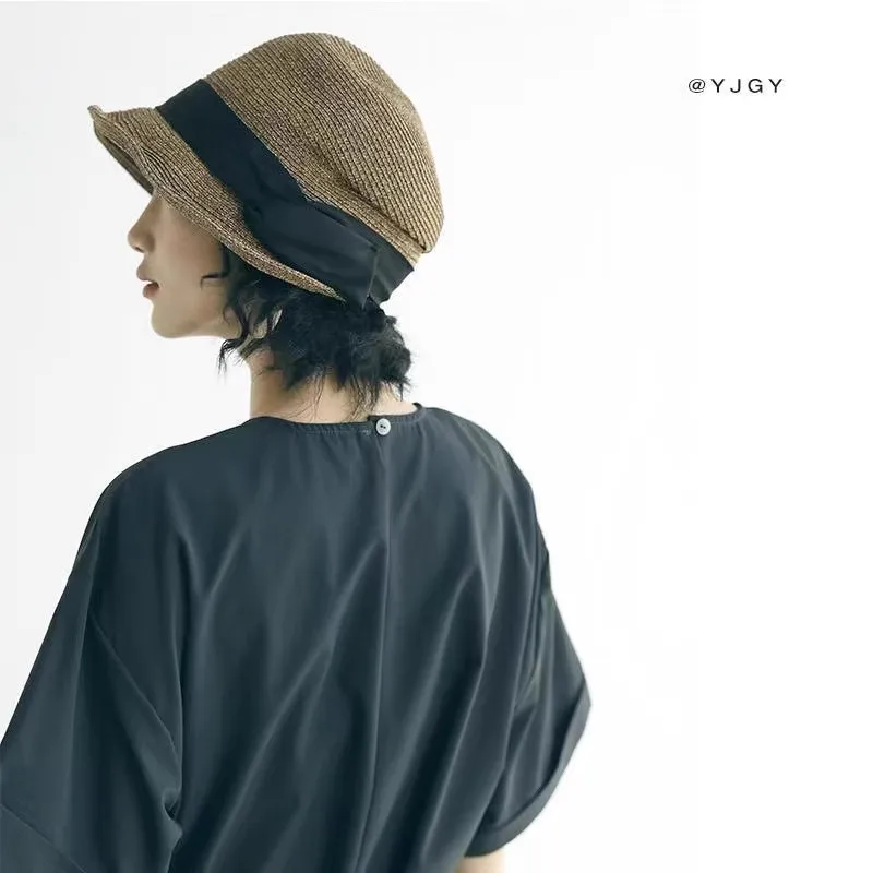 Spring Summer Woven Cloche Hat Asymmetrical Pleated Side Bow Elegant Bucket Hat Women