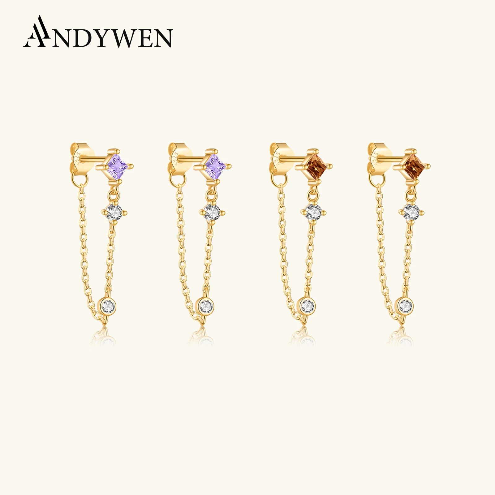 

ANDYWEN 925 Sterling Silver Gold Brown Green Zircon Stud Earring Piercing Pendiente Clips Rock Punk Clips Crystal Jewelry