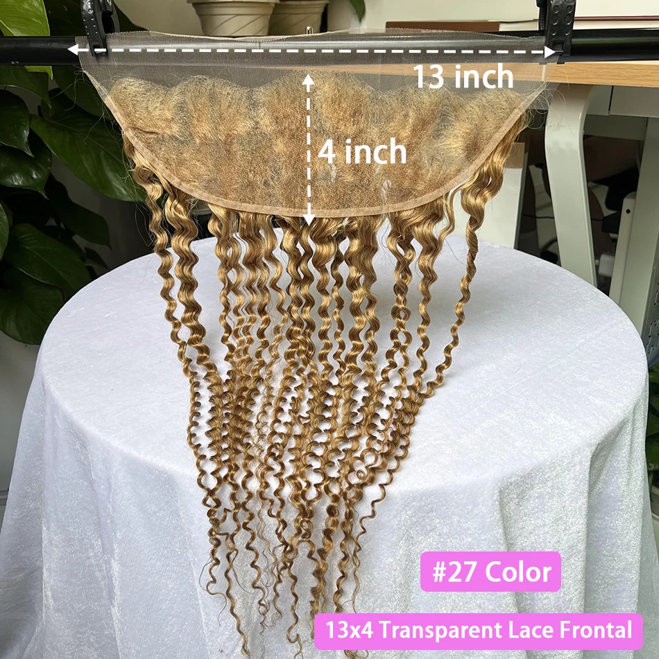 

#27 Color Deep Curly 13x4 Transparent Lace Frontal Human Hair Preplucked Hairline Bleached Knots Front Only 100% Human Hair