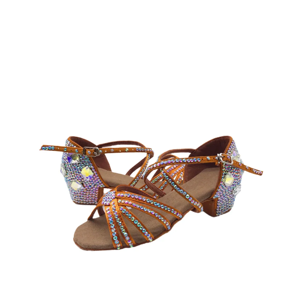 라틴 댄스 성인 어린이 고급 다이아몬드 장식 블랙 풀 삼바 차 탱고 여성용 전문 댄스 신발