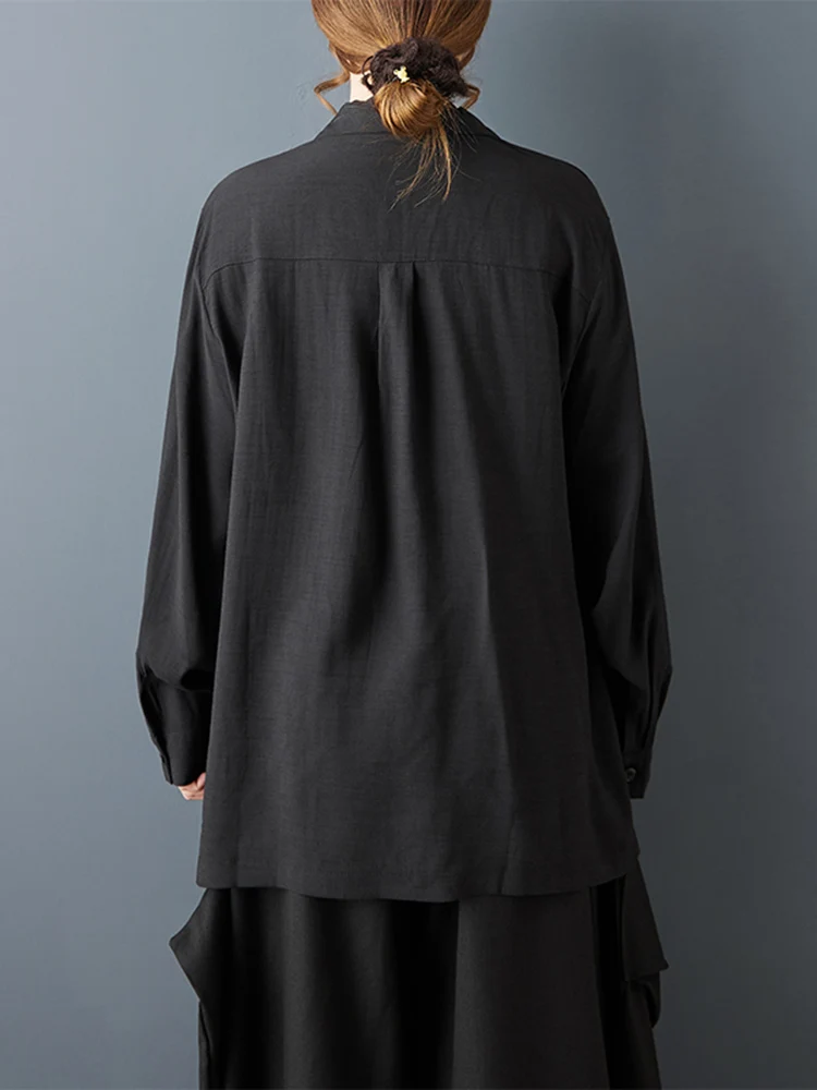 2026 ربيع الخريف جديد أسود خمر المرقعة الشريط المتضخم قميص المرأة طويلة الأكمام فضفاضة بلوزة غير رسمية قمة ملابس عصرية