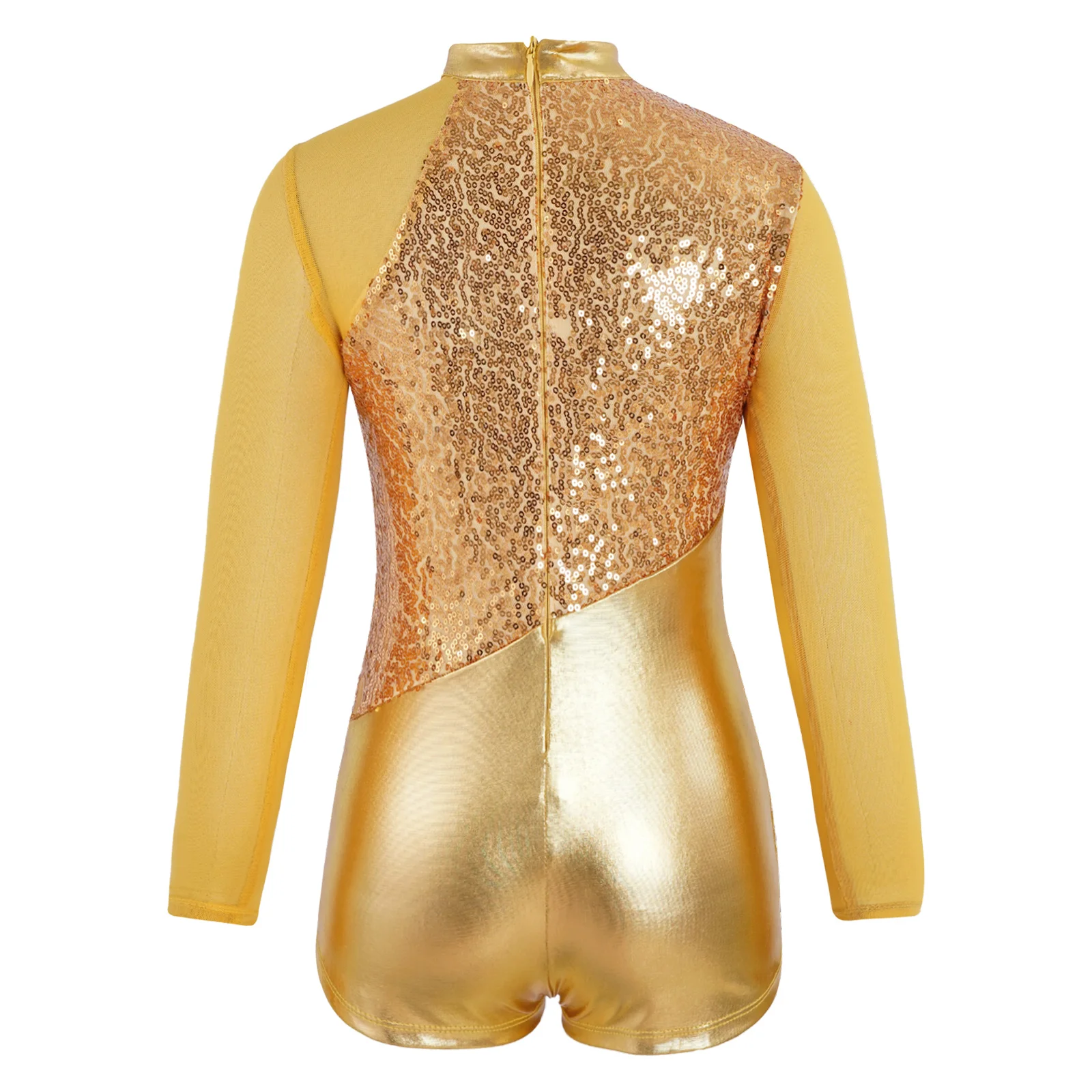 Kids Girls Figure Skating Gymnastics Ballet Dance Leotard Metallic Sequins Long Sleeve Mesh Jumpsuit Stage Performance Dancewear