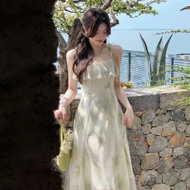 

Women Summer French Vintage Midi Dresses Print Elegant Party Sweet Female Clothes Korean Casual Red Evening Dress
