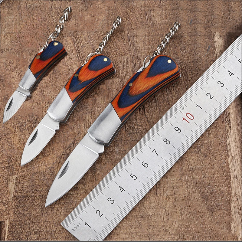 Mini Wooden Handle Folding Knife Stainless Steel Blade Portable Keychain Pendant Outdoor Survival Camping EDC Unboxing Knife