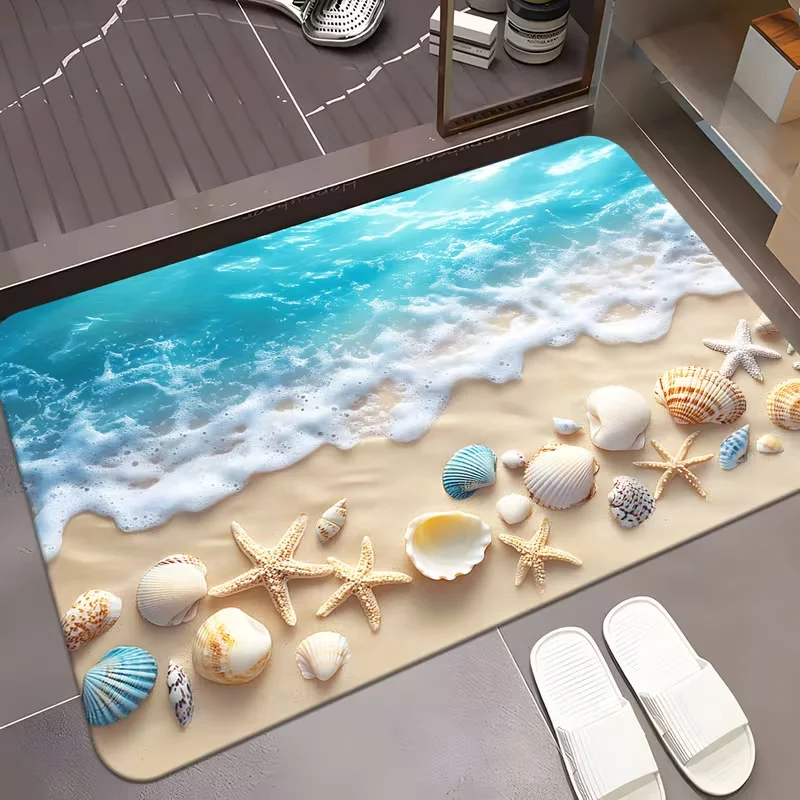 Vacation Style Beach Doormat Beach Shells Starfish Ocean Wave Pattern Carpet Soft Non-Slip Floor Mat Bedroom Entrance Rug