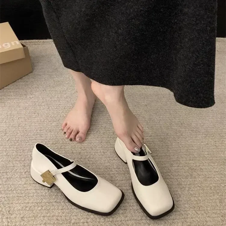 New Women Fashion Square Toe Close Toe Ankel Strap Mules Ladies Elegant Mary Jane Ballet Shoes Mid Heel Dress Pumps 2025