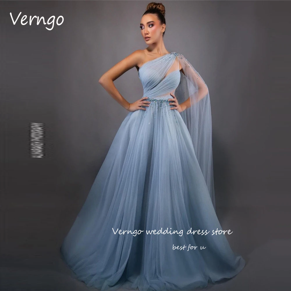 

Verngo Beads Shiny Light Blue Tulle Prom Dresses 2023 One Shoulder Long Sleeve Arabic Women Evening Gowns Formal Occasion Dress