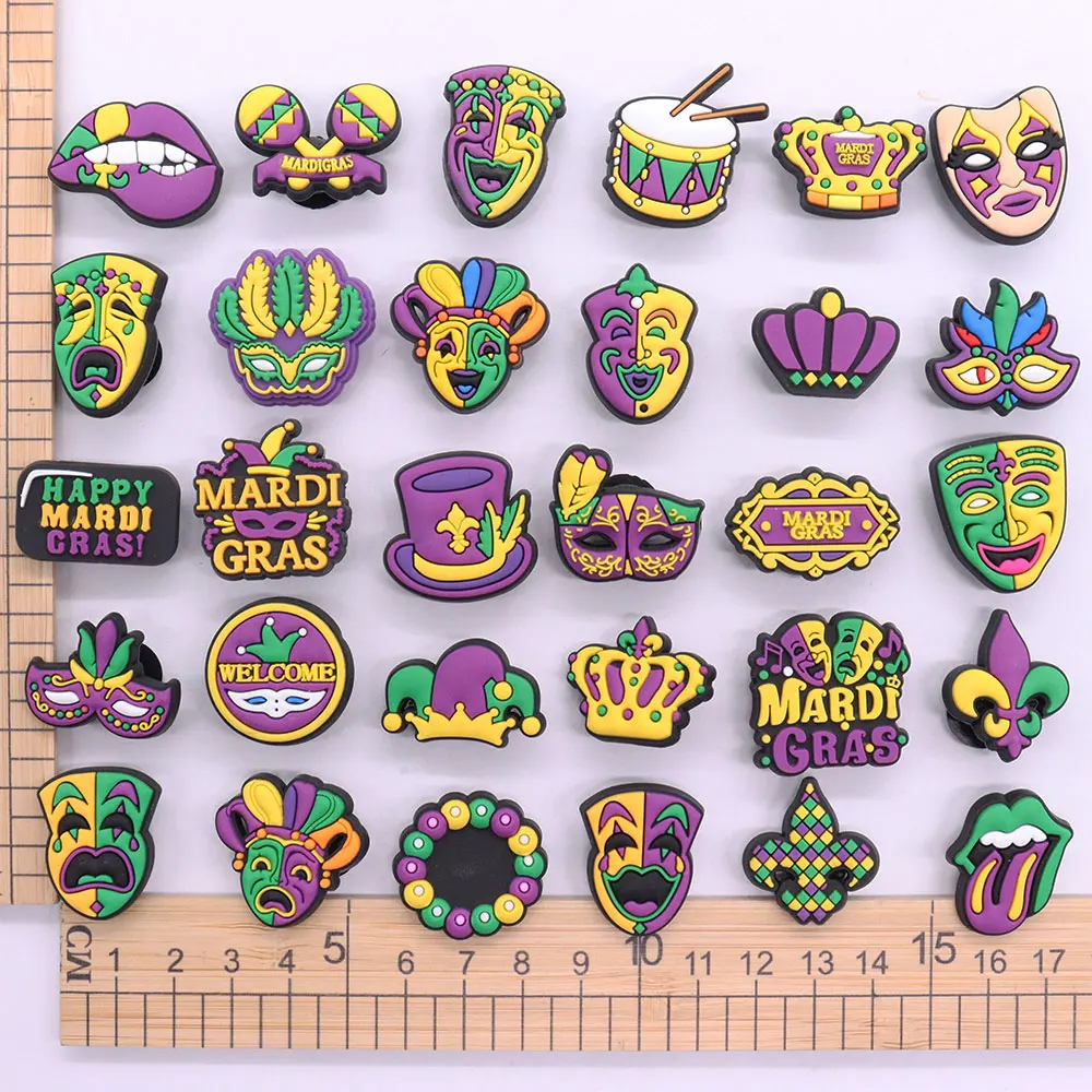13-30Pcs Happy Mardi Gras Drum Hat PVC Shoes Button Charms Woman Man Sandals Accessories DIY Party Present