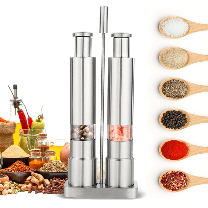 A98U Manual Salt and Pepper Grinder Set Thumb Push Pepper Mill Stainless Steel Spice Sauce Grinders with Metal Holder