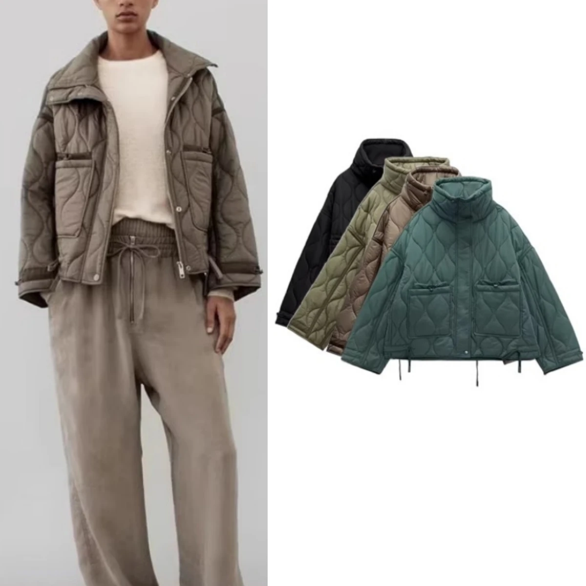 

Loose Diamond Stitch Cotton Jaet Women's Stand Collar Autumn Winter New Sle Outerwear Long Sve Regular Length Coat